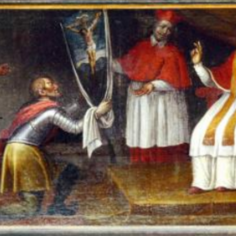 Papa Pio V benedice lo stendardo di Marcantonio Colonna prima della battaglia di Lepanto